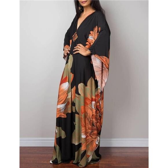 Women Ethnic Print Kaftan Beach Dress Plus Size Swimsuit Cover Up - Picture 3 of 5